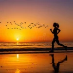 Current image: woman running beach sunset birds silhouette woman running beach sunset birds flying silhouette 409365972
