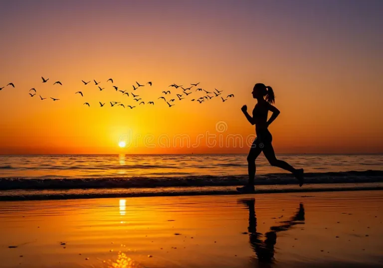 woman running beach sunset birds silhouette woman running beach sunset birds flying silhouette 409365972