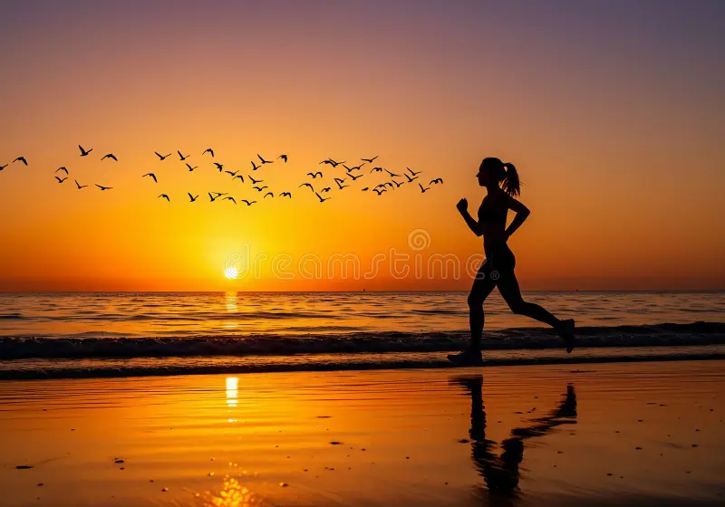 woman running beach sunset birds silhouette woman running beach sunset birds flying silhouette 409365972