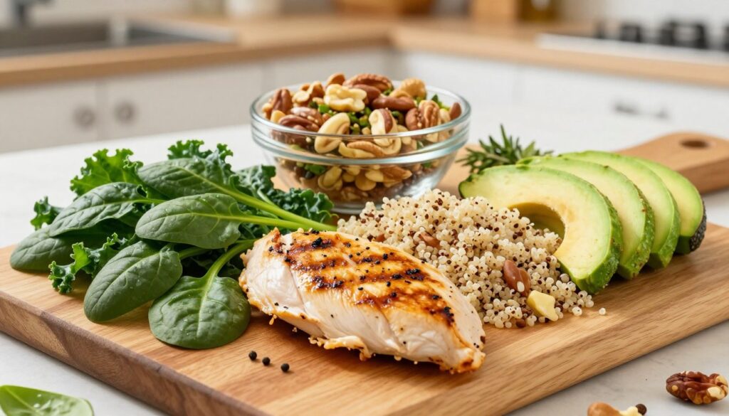 A beautifully arranged display of lean proteins and healthy fats, featuring grilled chicken breast, quinoa, sliced avocados, and nuts. In the foreground, a vibrant wooden cutting board holds fresh ingredients intermingled with greens like spinach and kale. The middle ground showcases a glass bowl filled with mixed nuts surrounded by flavorful herbs and spices. The background consists of a softly blurred kitchen setting with natural light streaming in, highlighting the freshness of the ingredients. Use a warm, inviting color palette to evoke energy and vitality. The camera angle should be slightly above eye level, giving a dynamic view of the wholesome ingredients. The overall mood is bright, healthy, and appetizing, reflecting the theme of nourishment and energy balance.