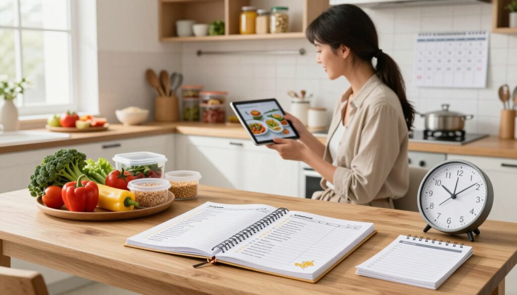 A bright, modern kitchen scene focused on meal planning for busy people. In the foreground, a well-organized, wooden table displays a filled planner with healthful meal options alongside colorful fresh vegetables and grains. A time-management tool like a clock and a checklist are subtly placed on the side. In the middle ground, a woman in smart casual attire thoughtfully examines a tablet displaying recipes, surrounded by utensils and meal prep containers. Soft, natural lighting streams through a window, highlighting the vibrant colors of the food. The background features cabinets with neatly arranged healthy snacks and a calendar on the wall illustrating realistic meal goals. The atmosphere is organized, inspiring, and efficient, reflecting a positive approach to managing time for healthy eating.