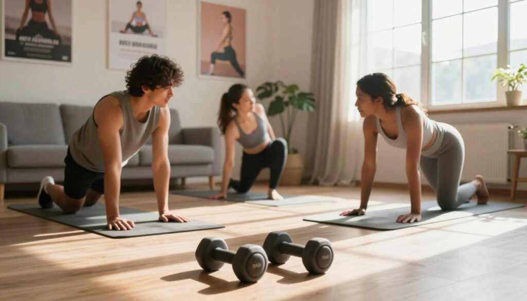 A cozy home gym setting, softly lit by warm, natural daylight streaming through a large window. In the foreground, a pair of beginner-friendly dumbbells rests on a yoga mat, symbolizing a gentle approach to fitness. In the middle ground, a diverse group of three individuals (one man and two women, all in modest activewear) are engaged in stretches, demonstrating proper form and balance, embodying a supportive and educational atmosphere. In the background, motivational fitness posters hang on the walls, and a calming indoor plant adds a touch of serenity. The overall mood is encouraging and safe, inviting readers to embrace their fitness journey with confidence and mindfulness.
