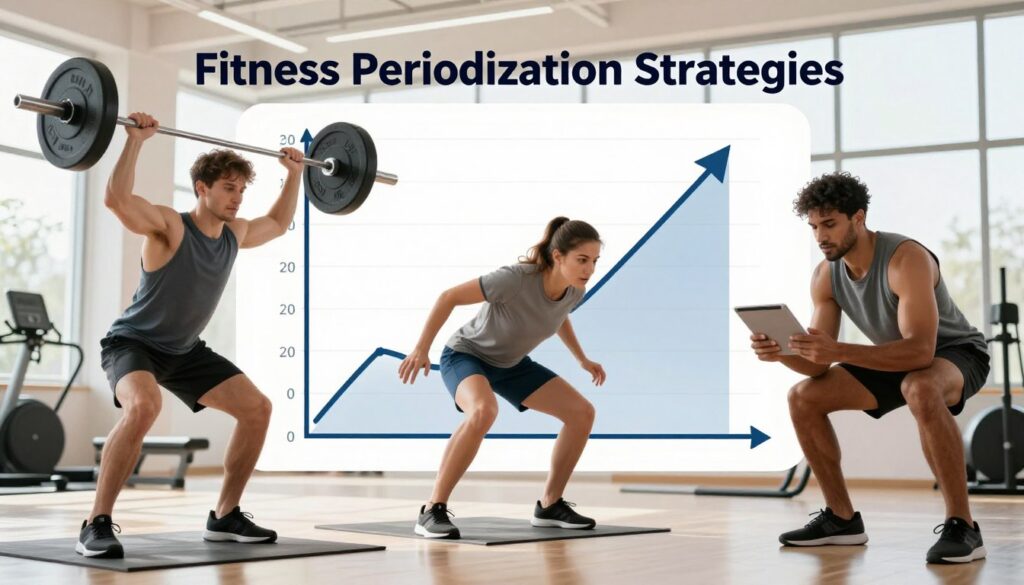 A dynamic and engaging illustration of "Fitness Periodization Strategies." In the foreground, a diverse group of three athletes in modest, professional athletic wear are actively training—one lifting weights, another performing agility drills, and the third monitoring their progress on a tablet. In the middle ground, a detailed graph showcasing an upward trend in performance metrics, symbolizing progression and adaptation over time, is integrated into the training scene. The background features a modern gym environment with bright, natural lighting filtering through large windows, creating a vibrant and motivating atmosphere. Capture this scene from a low angle, emphasizing the athletes' determination and focus, while the overall mood conveys energy and a commitment to overcoming fitness plateaus through effective periodization strategies.