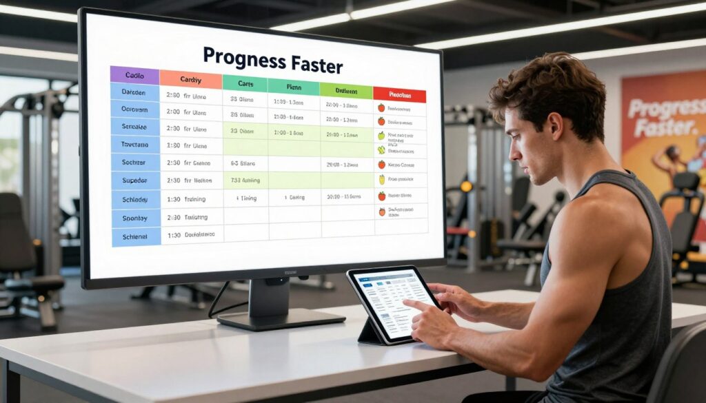 A dynamic and inspiring fitness training program design scene, showcasing a well-organized training schedule on a sleek, modern desk. In the foreground, a fit individual dressed in professional fitness attire is intently reviewing the program, using a tablet. The middle background features a colorful whiteboard filled with structured workout routines, cardio plans, and nutrition tips, all neatly organized. The backdrop includes a well-lit gym environment with exercise equipment and motivational posters that emphasize "Progress Faster." The lighting is bright and uplifting, creating a vibrant atmosphere, while a wide-angle perspective highlights the sense of activity and engagement in fitness training. Aim for a motivational and energetic mood that inspires viewers to take action on their fitness journey.