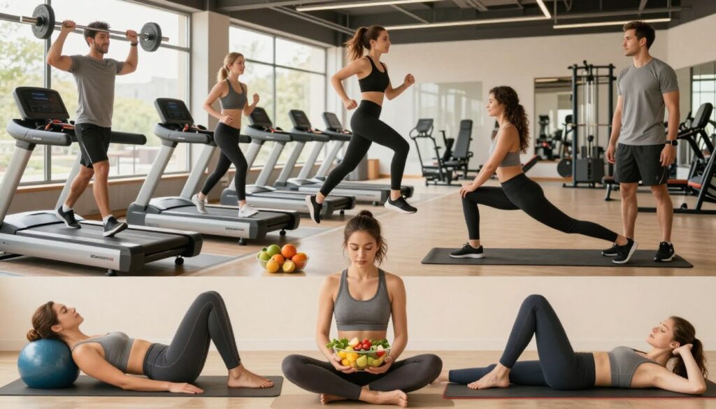 A dynamic fitness montage showcasing the five essential elements of a complete fitness program: strength training, cardiovascular exercise, flexibility, nutrition, and rest. In the foreground, a diverse group of individuals in professional workout clothing engaged in various activities—lifting weights, running on a treadmill, practicing yoga poses, preparing meals with healthy ingredients, and resting peacefully. The middle layer features gym equipment, fresh fruits, and a yoga mat, organized harmoniously to reflect balance and health. The background displays a serene gym environment with large windows allowing natural light to brighten the space. The atmosphere is inspiring and motivational, emphasizing a holistic approach to fitness, captured with a bright and warm tone to evoke a sense of energy and well-being.