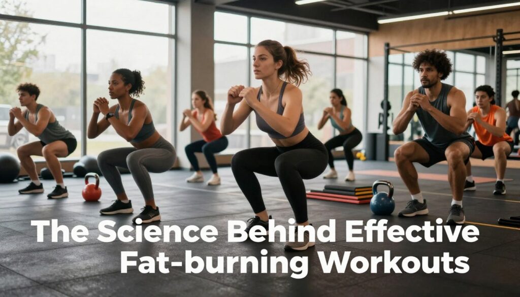 A dynamic fitness scene illustrating "The Science Behind Effective Fat-Burning Workouts." In the foreground, a diverse group of individuals in modest athletic wear engages in various fat-burning exercises, such as jump squats, burpees, and high knees. Their faces show determination and focus, radiating a sense of teamwork and motivation. In the middle ground, fitness equipment like kettlebells and resistance bands are strategically placed to highlight versatility in workouts. The background features a modern gym environment with large windows, allowing natural light to flood the space, creating a bright and energetic atmosphere. Warm lighting enhances the vibrant colors of the clothing and equipment. The camera angle is slightly low, emphasizing the athletes’ movements as they execute their routines, capturing a sense of action and dedication to fitness science.