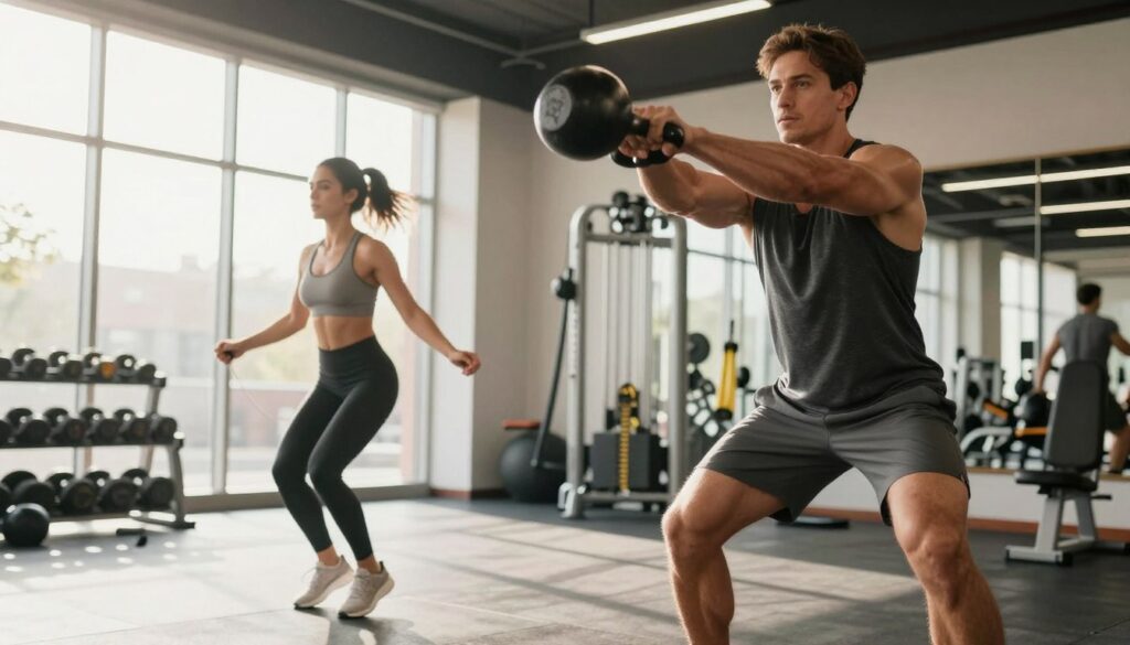 A dynamic fitness scene showcasing a male and female trainer vigorously engaging in both cardio and strength training exercises. In the foreground, the male trainer is performing a robust kettlebell swing, showcasing his muscular form in a fitted tank top and athletic shorts. The female trainer is in the middle of a jump rope routine, dressed in a modest sports bra and leggings, exemplifying agility and energy. The background features a bright, modern gym environment with various workout equipment like dumbbells and resistance bands. Natural sunlight streams through large windows, creating a warm, motivational atmosphere. The image should have a slight upward angle to emphasize the trainers' intense focus and dedication, encapsulating a lively and inspiring mood for fitness enthusiasts.