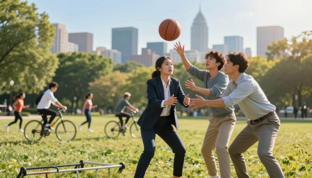 A dynamic scene illustrating the transformation of sports skills into life skills. In the foreground, a diverse group of three individuals, one in business attire and two in smart casual clothing, are engaged in a teamwork exercise, such as passing a basketball or completing an obstacle course. Their expressions show focus and determination. In the middle ground, a lush, sunlit park serves as the backdrop, dotted with people participating in various sports like jogging, cycling, and yoga, symbolizing a community united by discipline. The background features a city skyline under a clear blue sky, reflecting progress and growth. Soft, warm lighting enhances the inspirational atmosphere, with a shallow depth of field to emphasize the main subjects and convey a sense of vitality and positivity.