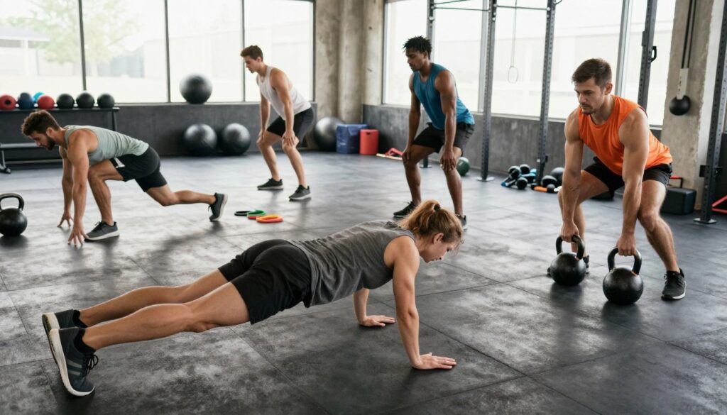 A dynamic scene showcasing a high-intensity interval training workout in a modern gym. In the foreground, a diverse group of individuals in modest athletic wear is engaged in various exercises: one person performs burpees, another is doing high knees, while a third is lifting kettlebells. The middle ground features exercise equipment such as medicine balls and resistance bands, scattered around to create an energetic atmosphere. In the background, large windows let in natural light, illuminating the space and creating a vibrant, motivating environment. The camera angle is slightly elevated, capturing the intensity of the workout and the determination on the participants' faces. The overall mood is energetic, focused, and inspiring, emphasizing the power and efficiency of high-intensity training for busy schedules.