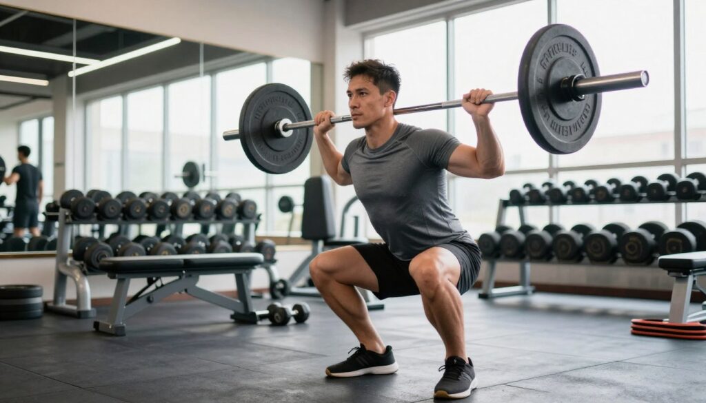 A fitness coach demonstrating weight training techniques for muscle gain in a gym setting. In the foreground, the coach, dressed in a fitted athletic shirt and shorts, is performing a squat with a barbell, showcasing proper form and concentration. The middle layer features various gym equipment like dumbbells, benches, and resistance bands, symbolizing different muscle-building methods. In the background, a bright and airy gym space with large windows allows natural light to flood in, creating a motivating atmosphere. The angle is slightly elevated, capturing the coach's posture and technique vividly, while emphasizing the gym's vibrant energy. The overall mood is focused and inspiring, encouraging viewers to engage in strength training for muscle growth.