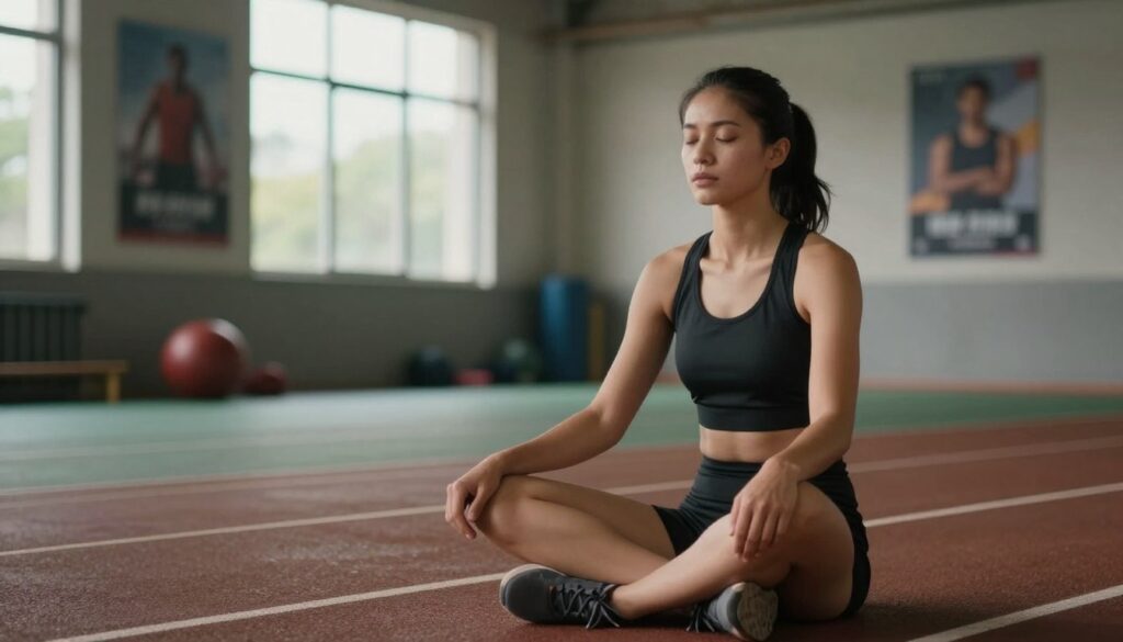 A focused athlete in a serene training environment, demonstrating mental discipline through visualization techniques. In the foreground, a determined female runner sits cross-legged on a track, eyes closed, immersed in deep concentration. The middle ground features a blurred scene of a quiet training facility, with soft natural lighting filtering through large windows, emphasizing a tranquil atmosphere. In the background, motivational posters on the walls subtly capture elements of perseverance and focus. The composition highlights the contrast between the athlete's calm demeanor and the energetic sports environment. Use a shallow depth of field to enhance the subject while maintaining a soft focus on the surroundings, creating a mood of introspection and mental clarity.