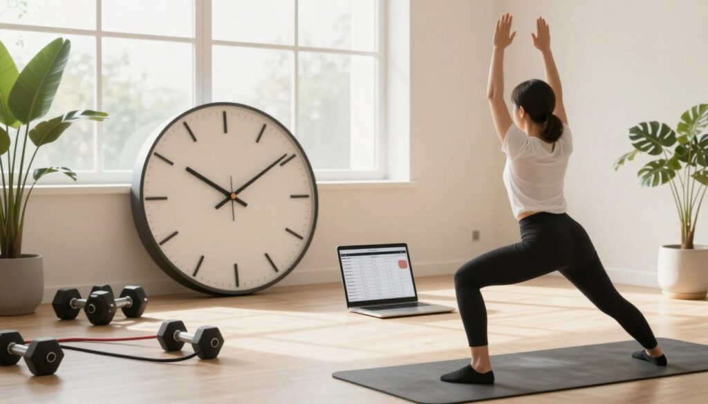 A minimalist workspace featuring a stylish clock with a modern design, surrounded by essential fitness equipment like dumbbells, a yoga mat, and a resistance band. In the foreground, a person in professional business attire, demonstrating quick exercises, such as a standing stretch and brief squats, conveying efficiency and focus. In the middle ground, an open laptop with a workout planner visible, set against a bright, airy room with natural light streaming through a large window. The background showcases a serene, plant-filled environment, promoting a calm yet motivating atmosphere, emphasizing the concept of managing time effectively. Use soft, warm lighting to create an inviting mood, capturing the essence of balancing work and fitness.