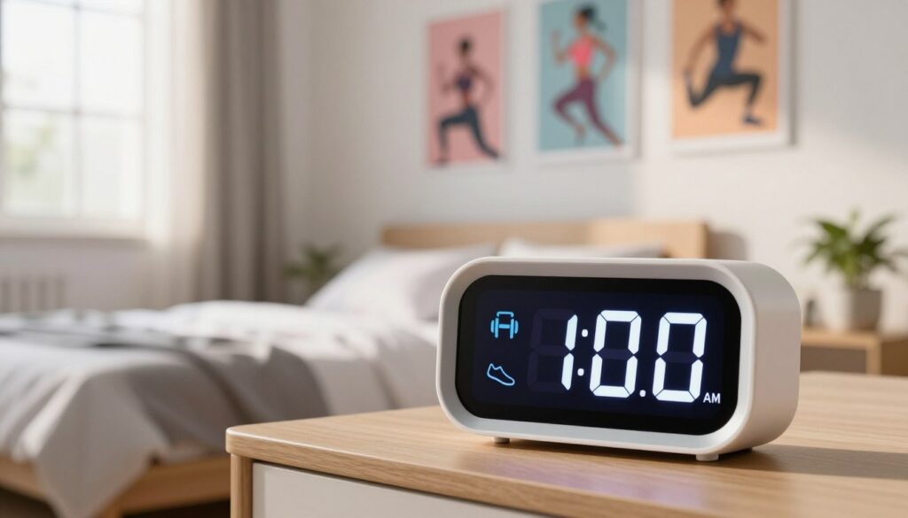 A modern alarm clock designed for daily fitness habits sits prominently in the foreground, displaying a vibrant digital screen with the time set to 6:00 AM. The clock features sleek, minimalist design elements and fitness icons such as dumbbells and running shoes integrated into its design. In the middle ground, a cozy bedroom scene can be seen, adorned with motivational posters related to fitness and a neatly made bed that suggests a disciplined routine. Soft, warm morning light filters in through a window, creating a calm yet invigorating atmosphere. In the background, a small indoor plant adds a touch of freshness and liveliness. The image captures the essence of a new day starting with a commitment to fitness, inspiring viewers to embrace their daily fitness habits. A modern alarm clock designed for daily fitness habits sits prominently in the foreground, displaying a vibrant digital screen with the time set to 6:00 AM. The clock features sleek, minimalist design elements and fitness icons such as dumbbells and running shoes integrated into its design. In the middle ground, a cozy bedroom scene can be seen, adorned with motivational posters related to fitness and a neatly made bed that suggests a disciplined routine. Soft, warm morning light filters in through a window, creating a calm yet invigorating atmosphere. In the background, a small indoor plant adds a touch of freshness and liveliness. The image captures the essence of a new day starting with a commitment to fitness, inspiring viewers to embrace their daily fitness habits.