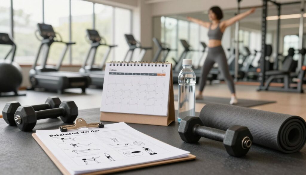 A serene and organized gym setting, showcasing a variety of exercise equipment arranged neatly. In the foreground, a balanced workout plan is displayed on a clipboard, featuring simple exercises like stretching, light weights, and cardio. A fit individual, dressed in modest athletic attire, demonstrates a stretching exercise to emphasize safe practices. In the middle, a calendar with a gradual workout schedule is visible, alongside water bottles and yoga mats, representing a thoughtful approach to fitness. The background includes large windows allowing soft, natural light to illuminate the space, creating an inviting atmosphere. The mood is focused and encouraging, promoting a sense of calm and readiness for starting a fitness journey safely.