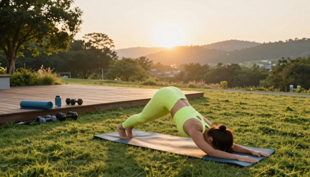 A serene morning scene depicting a dedicated individual engaged in a consistent workout routine. In the foreground, a fit person wearing a bright athletic outfit is performing yoga on a grassy field, exuding focus and determination. The middle ground features a well-organized array of workout gear, such as dumbbells and mats, arranged neatly on a wooden terrace, indicating a structured routine. In the background, the sun is rising, casting a warm golden light that illuminates the surroundings, creating a peaceful and motivating atmosphere. Lush trees and gentle hills frame the scene, enhancing the sense of tranquility. The overall mood conveys energy and commitment to fitness, inspiring viewers to establish their own morning workout routines. The composition is shot from a slightly elevated angle to capture both the person and the serene backdrop effectively. A serene morning scene depicting a dedicated individual engaged in a consistent workout routine. In the foreground, a fit person wearing a bright athletic outfit is performing yoga on a grassy field, exuding focus and determination. The middle ground features a well-organized array of workout gear, such as dumbbells and mats, arranged neatly on a wooden terrace, indicating a structured routine. In the background, the sun is rising, casting a warm golden light that illuminates the surroundings, creating a peaceful and motivating atmosphere. Lush trees and gentle hills frame the scene, enhancing the sense of tranquility. The overall mood conveys energy and commitment to fitness, inspiring viewers to establish their own morning workout routines. The composition is shot from a slightly elevated angle to capture both the person and the serene backdrop effectively.
