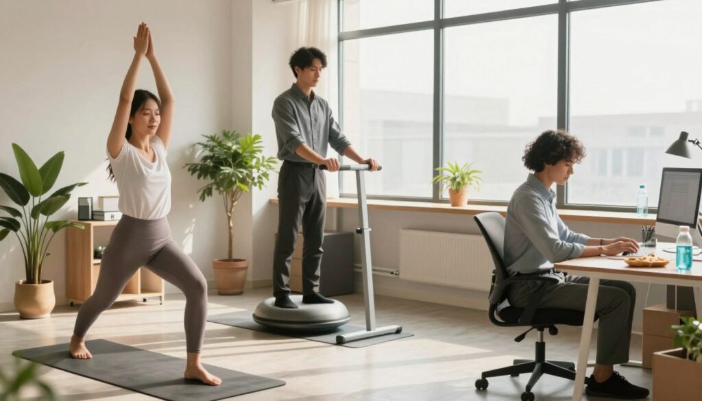 A serene office environment showcasing the connection between physical wellness and productivity. In the foreground, a diverse group of three people in professional business attire engage in light exercise—a woman doing yoga stretches, a man using a standing desk with a balance board, and another person seated at a desk with ergonomic posture. The middle ground features potted plants, water bottles, and healthy snacks, symbolizing wellness. The background reveals a large window with natural light pouring in, casting soft shadows, creating a calming atmosphere. The overall image emanates a productive yet tranquil vibe, with warm lighting and a clean, organized workspace.