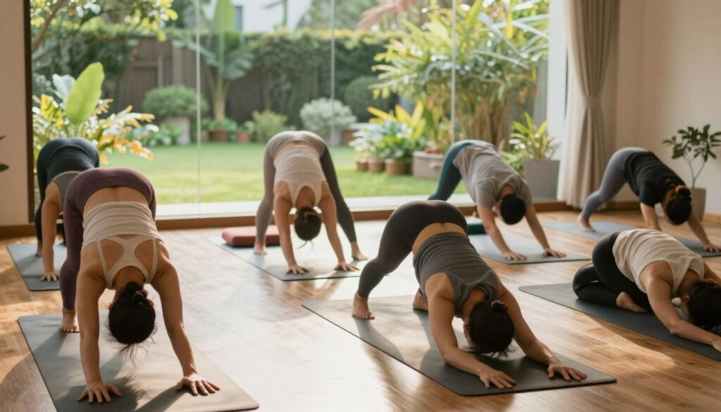 A serene yoga studio filled with natural light, featuring a large window showcasing a peaceful outdoor garden. In the foreground, a diverse group of individuals, dressed in professional fitness attire, engage in various yoga poses, demonstrating flexibility and balance. One person is in a downward dog position, another is gracefully transitioning into warrior pose, while a third is practicing a seated forward bend. In the middle ground, yoga mats are neatly arranged on a polished wooden floor, adorned with soft, colorful cushions to enhance comfort. The background features lush greenery visible through the window, creating a calming atmosphere. The lighting is soft and warm, casting gentle shadows, inviting relaxation and focus. The overall mood is tranquil and empowering, embodying long-term health and wellness through yoga and flexibility training.