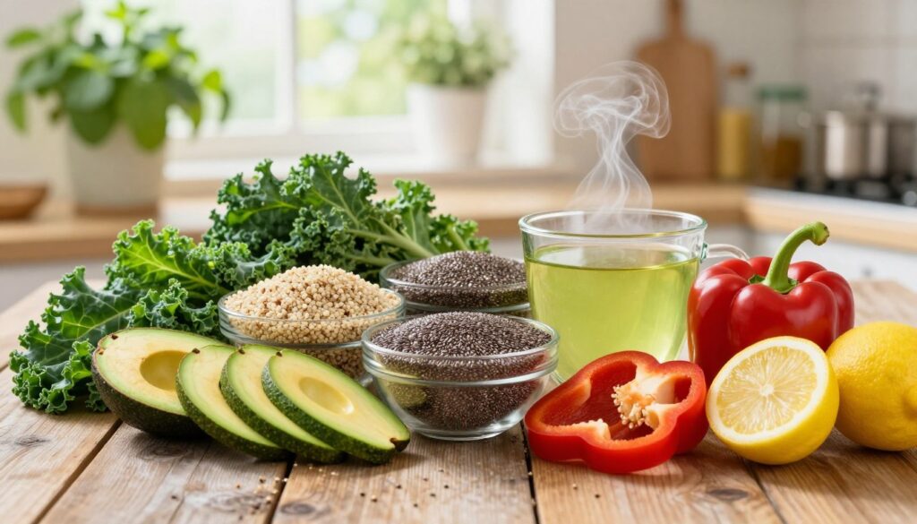 A vibrant arrangement of weight loss and thermogenic foods displayed on a rustic wooden table. In the foreground, colorful fresh ingredients including slices of avocados, green leafy kale, bright red bell peppers, and whole lemons, arranged artistically. In the middle, bowls of quinoa, chia seeds, and green tea, with steam rising gently, suggest warmth and health. In the background, a soft-focus kitchen setting with natural light pouring in through a window, highlighting an herb garden and fresh spices. The atmosphere is uplifting and energizing, emphasizing the idea of vitality and wellness. The scene is captured with a warm, inviting tone, using a shallow depth of field to draw attention to the nutritious foods while maintaining a calming ambiance.