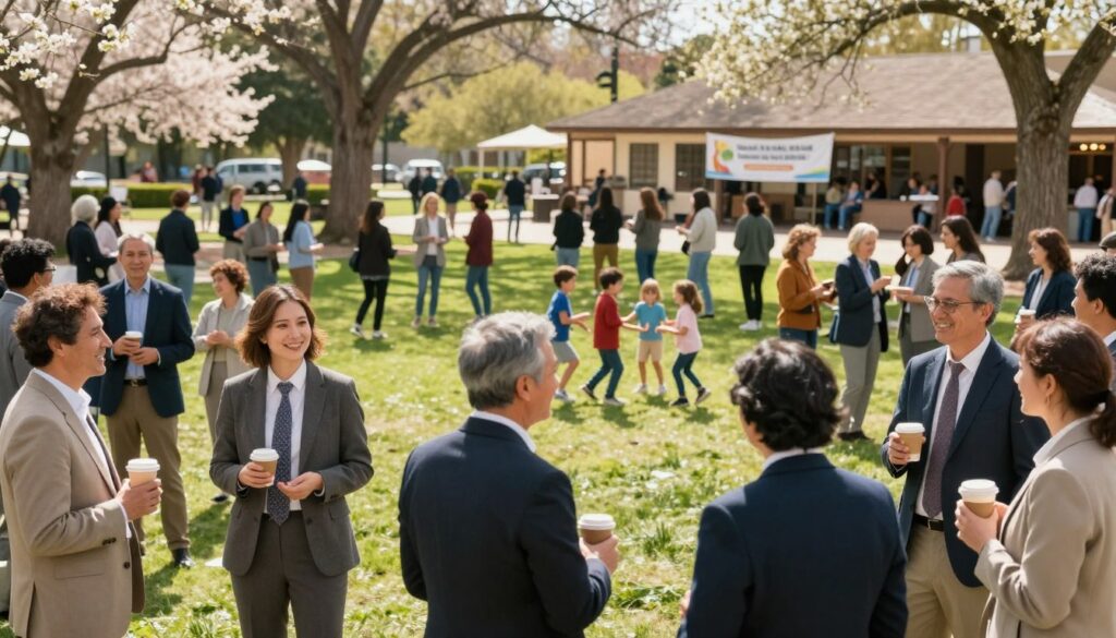 A vibrant community gathering scene set in a sunlit park, where diverse individuals of varying ages and backgrounds connect joyfully. In the foreground, a group of adults in professional business attire engage in a friendly discussion while holding coffee cups, showcasing camaraderie. In the middle ground, children play together on the grass, symbolizing innocence and friendship. The background features blooming trees and a welcoming community center, with a banner indicating an upcoming community event. Soft, warm lighting enhances a sense of warmth and positivity, while a wide-angle lens captures the bustling scene from a slightly elevated perspective. The overall atmosphere is one of support, unity, and a shared commitment to building social connections.