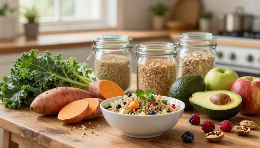 A vibrant display of unprocessed whole foods for energy, prominently featuring a rustic wooden table filled with an array of colorful fruits and vegetables, including kale, sweet potatoes, avocados, berries, and nuts. In the foreground, a well-lit bowl of quinoa salad garnished with fresh herbs. The middle ground includes a selection of wholesome grains like brown rice and oats in glass jars. The background softly fades to a farm-like kitchen setting with natural light streaming in through a window, creating a warm, inviting atmosphere. Use a shallow depth of field to focus on the foreground, capturing the textures and colors of the foods while the background remains gently blurred. The overall mood is healthy, energizing, and fresh, emphasizing the power of whole foods for sustained energy.
