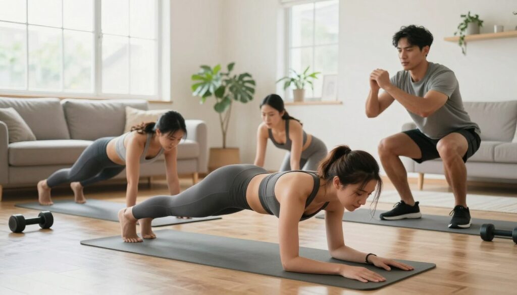 A vibrant home workout scene featuring a diverse group of individuals engaged in a bodyweight exercise routine in a bright, airy living room. In the foreground, a young woman demonstrates a plank position on a yoga mat, wearing a comfortable sports top and leggings. Beside her, a man executes squats with proper form, dressed in a t-shirt and shorts. In the middle ground, a couple is performing push-ups and lunges, showcasing teamwork and motivation. The background reveals large windows allowing natural sunlight to fill the space, plants adding a touch of greenery, and home workout gear neatly arranged on the floor. The atmosphere is energetic and inspiring, encouraging viewers to embrace fitness at home. Soft, even lighting enhances the positive, active mood of the scene.