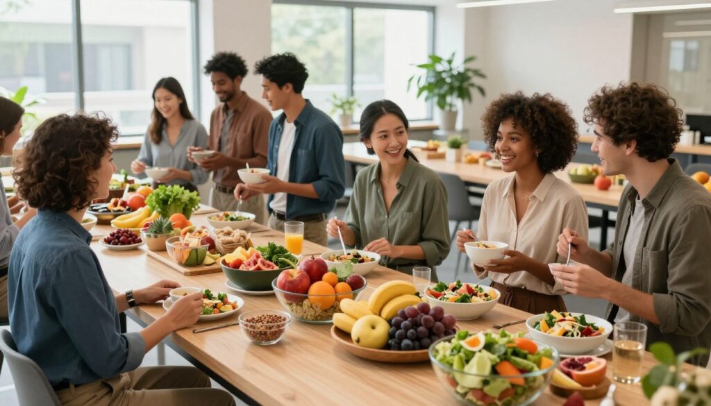 A vibrant, inviting workplace cafeteria setting focused on healthy eating options. In the foreground, a diverse group of professionals in business casual attire are enjoying a colorful spread of fresh fruits, salads, and whole grains, engaging in cheerful conversation. The middle ground features beautifully arranged food stations with a variety of nutritious snacks and meals. In the background, large windows let in natural light, creating a warm, uplifting atmosphere. Soft, green plants are strategically placed around the room, enhancing the sense of wellness. The image should be well-lit, with a bright and clear composition, showcasing a productive workspace that promotes healthy eating habits. The mood is positive and energizing, emphasizing the importance of nutrition in a thriving work environment.