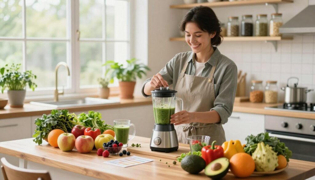 A vibrant kitchen scene showcasing healthy dietary habits for longevity. In the foreground, a wooden table laden with colorful, fresh foods: a variety of fruits like apples, berries, and citrus, alongside vegetables such as leafy greens, bell peppers, and avocados. In the middle ground, a cheerful, professional-looking individual, wearing a smart casual outfit, prepares a wholesome smoothie in a blender, surrounded by measuring cups and recipe cards. The background features a sunny kitchen with large windows, natural light flooding the space, illuminating potted herbs and a wall filled with jars of whole grains and seeds. The atmosphere is lively and inviting, emphasizing an approach to healthy living that feels accessible and enjoyable. Use a soft focus for a warm, inviting mood.