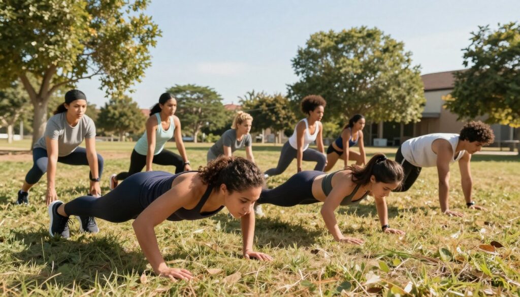 A vibrant outdoor scene showcasing a diverse group of individuals engaged in bodyweight exercises on a grassy field. The foreground features two people performing push-ups and squats, demonstrating focus and determination. In the middle, others are seen doing lunges and planks, wearing modest athletic wear suitable for all fitness levels. The background includes trees and a clear blue sky, creating a sense of openness and freedom. Soft sunlight filters through the leaves, casting gentle shadows on the ground, adding warmth to the image. The composition captures an energetic and motivational atmosphere, reflecting the essence of accessible, fat-burning workouts that can be done anywhere.