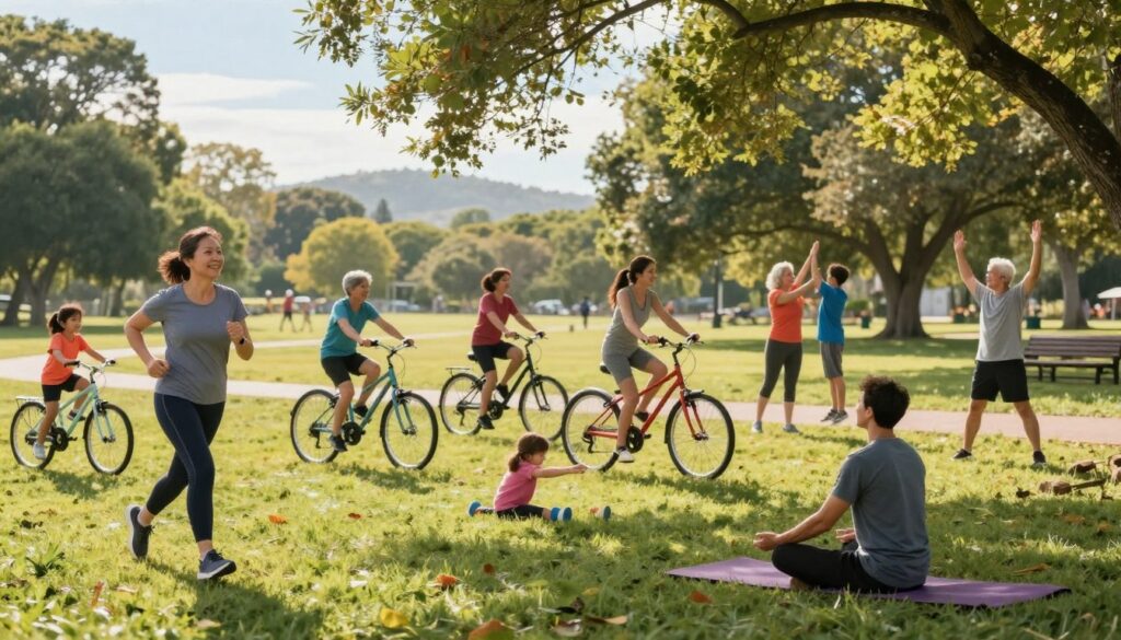 A vibrant park scene showcasing a diverse group of people engaging in various forms of physical activity, emphasizing well-being. In the foreground, a middle-aged woman in modest athletic wear is jogging with a smile, while a man practicing yoga on a mat sits cross-legged, embodying tranquility. The middle section features families riding bicycles, children playing tag, and seniors stretching together, radiating joy and connection. The soft sunlight filters through the green leaves of trees, casting a warm glow over the scene, creating a lively yet calming atmosphere. The background displays distant hills and a clear blue sky, inviting viewers to be part of this dynamic yet peaceful outdoor environment, captured with a slightly elevated angle to encompass the full breadth of activities.