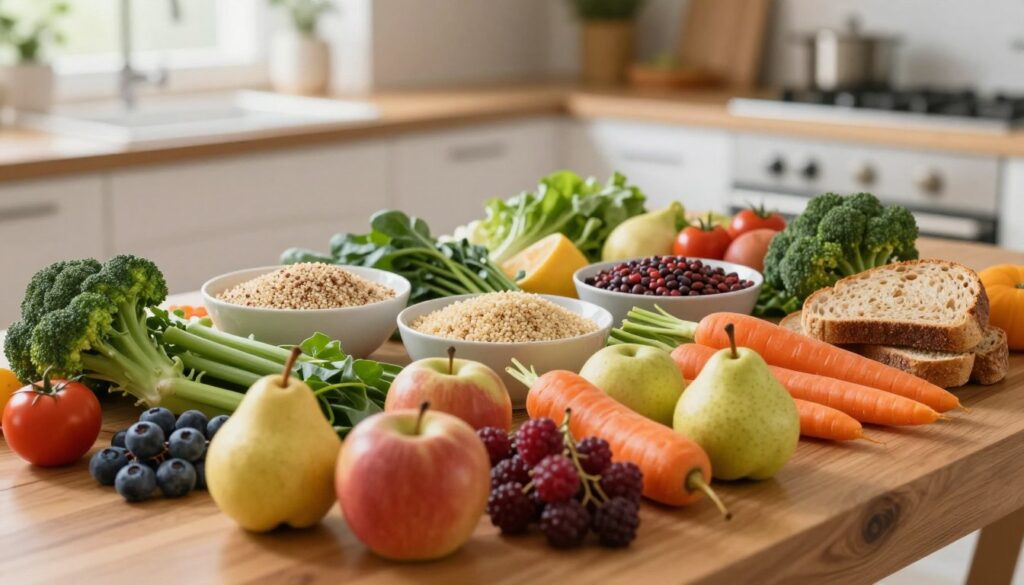 A vibrant, well-arranged display of fiber-rich foods spread across an elegant wooden table. In the foreground, a colorful assortment of fresh fruits like berries, apples, and pears mingle with an array of vegetables such as broccoli, carrots, and leafy greens. In the middle section, bowls of nutritious grains like quinoa and lentils are tastefully placed alongside whole grain bread slices. The background features a softly blurred kitchen scene with natural light flooding in, creating a warm and inviting atmosphere. Use a shallow depth of field to focus on the food arrangement, highlighting the textures and colors. The image should convey a sense of health, abundance, and vitality, evoking the idea of nourishing meals that promote weight loss and satiety.