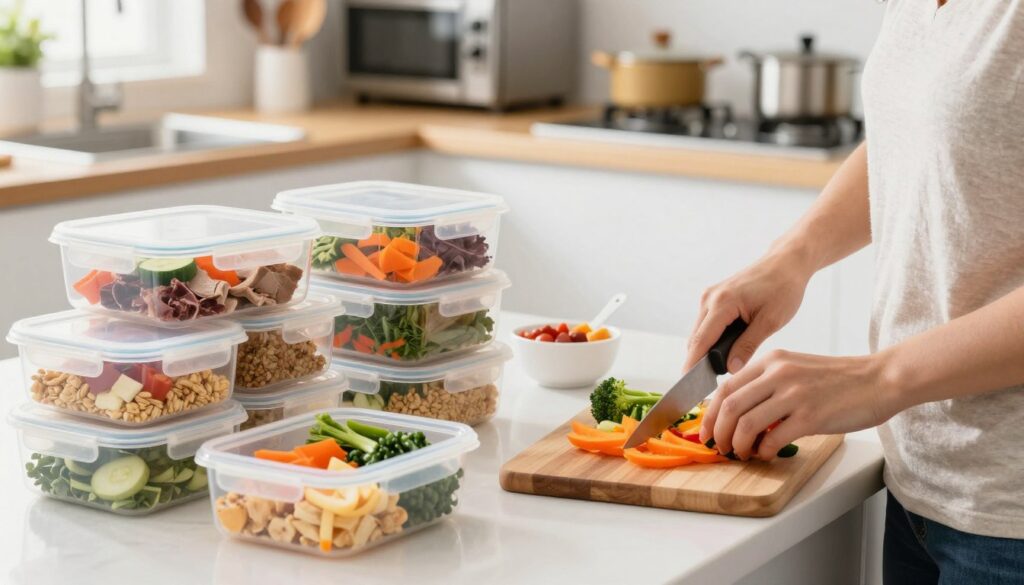 A well-organized kitchen scene depicting meal prep techniques for busy people. In the foreground, a person in modest casual clothing is chopping colorful vegetables and portioning food into clear meal prep containers, showcasing a variety of healthy ingredients such as lean proteins, grains, and vibrant veggies. The middle ground features neatly arranged containers filled with balanced meals, emphasizing simplicity and efficiency. In the background, a brightly lit kitchen with modern appliances and utensils is visible, conveying a clean, inviting atmosphere. Soft natural lighting highlights the freshness of the ingredients, while a shallow depth of field focuses on the meal prep actions, creating a sense of motivation and practicality.