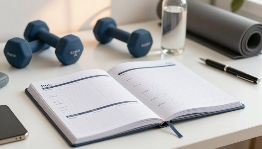 A well-organized weekly fitness training schedule displayed on a clean, modern desk. The foreground features a visually appealing planner opened to the weekly layout, with neatly arranged sections for each day labeled with different workouts such as cardio, strength training, and rest days. In the middle, there are fitness-themed items like dumbbells, a water bottle, and a yoga mat subtly placed, adding a sense of activity and motivation. The background is softly blurred with warm, inviting lighting, suggesting a cozy workout space. The atmosphere is professional yet inspiring, evoking a sense of discipline and enthusiasm for fitness. The image is captured from a slightly elevated angle to emphasize the planner details, with a shallow depth of field to draw focus to the schedule.