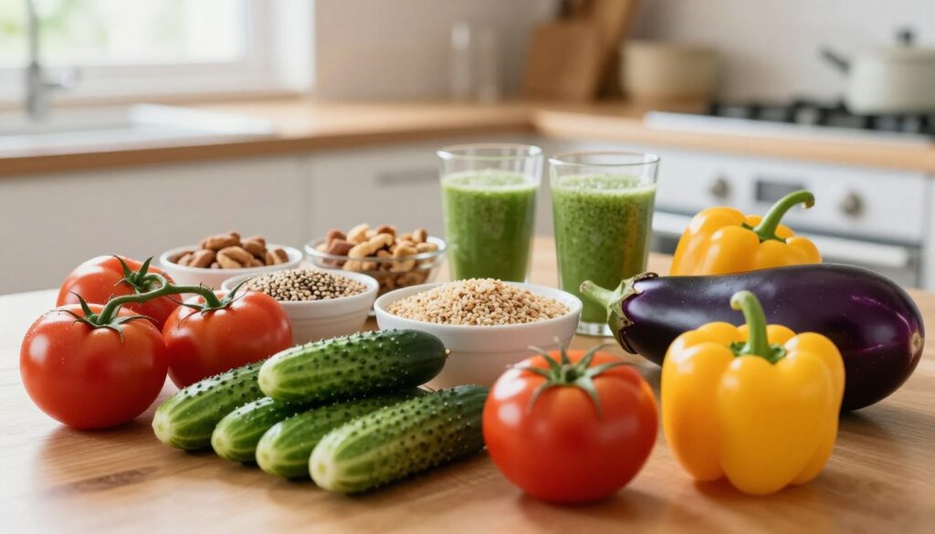 A beautifully arranged table featuring a variety of vibrant, healthy foods symbolizing a balanced lifestyle. In the foreground, focus on an assortment of colorful fruits and vegetables: bright red tomatoes, crisp green cucumbers, vibrant yellow peppers, and deep purple eggplants arranged artistically. In the middle ground, include several small bowls filled with nuts, seeds, and whole grains like quinoa and brown rice, alongside a glass of fresh green smoothie. The background shows a softly blurred kitchen setting with natural light streaming in through a window, creating a warm, inviting atmosphere. The overall mood is one of vitality and wellness, highlighting the importance of nutritious eating in fueling both body and mind. Use a gentle focus to give the image a serene quality, suggesting clarity and peace associated with healthy living.