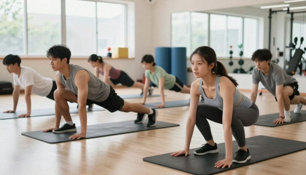 A dynamic fitness scene showcasing a diverse group of beginners engaged in fundamental exercises, positioned in a bright, airy gym environment. In the foreground, a woman in comfortable athletic wear demonstrates proper squat form, while a man next to her is performing push-ups with focused determination. In the middle ground, others are engaging in stretching and light weightlifting, each with a different exercise to highlight variety. The background features large windows allowing natural light to flood in, illuminating colorful gym equipment arranged neatly. The atmosphere is motivating and encouraging, with soft, diffused lighting to create an inviting ambiance. The image captures the essence of a supportive fitness journey for beginners, emphasizing the importance of foundational training techniques.