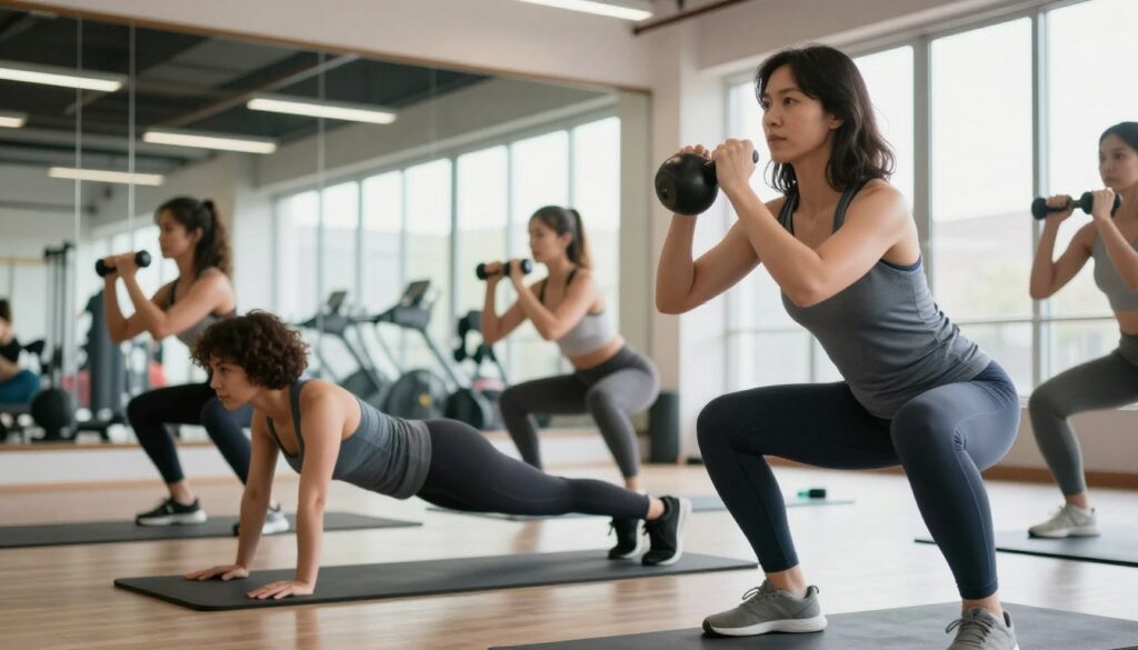 A dynamic fitness training scene featuring a diverse group of women engaged in basic strength training exercises. In the foreground, a woman with medium-length dark hair wearing a moisture-wicking tank top and yoga pants performs a squat with a kettlebell. Next to her, a woman with short curly hair demonstrates a push-up on a mat, dressed in a fitted sports outfit. In the middle ground, another woman is lifting dumbbells, showcasing a focused expression of determination. The background reveals a bright gym setting with mirrors and fitness equipment, bathed in natural light filtering through large windows, creating an uplifting atmosphere. Capture the angle from slightly below eye level to emphasize strength and empowerment, aiming for a clear, inspiring image that reflects strength training fundamentals for women. A dynamic fitness training scene featuring a diverse group of women engaged in basic strength training exercises. In the foreground, a woman with medium-length dark hair wearing a moisture-wicking tank top and yoga pants performs a squat with a kettlebell. Next to her, a woman with short curly hair demonstrates a push-up on a mat, dressed in a fitted sports outfit. In the middle ground, another woman is lifting dumbbells, showcasing a focused expression of determination. The background reveals a bright gym setting with mirrors and fitness equipment, bathed in natural light filtering through large windows, creating an uplifting atmosphere. Capture the angle from slightly below eye level to emphasize strength and empowerment, aiming for a clear, inspiring image that reflects strength training fundamentals for women.