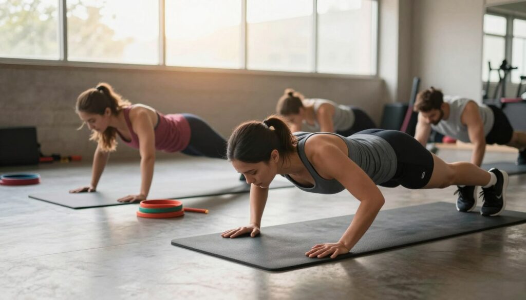 A dynamic scene illustrating a bodyweight workout challenge, focused on push-up progressions. In the foreground, a diverse group of three individuals in modest athletic attire demonstrates various push-up stages: a beginner performing wall push-ups, an intermediate participant executing knee push-ups, and an advanced athlete effortlessly completing full push-ups. The middle ground showcases a clear, vibrant gym setting with fitness mats and resistance bands neatly arranged. In the background, large windows allow warm, natural light to flood the space, creating an inviting and energetic atmosphere. The camera angle is slightly low, emphasizing the participants' strength and determination. The overall mood is motivational and encouraging, perfect for showcasing the journey from a beginner to achieving twenty consecutive push-ups.
