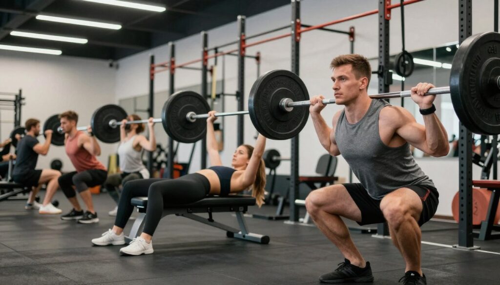 A modern gym scene illustrating the Bulgarian Method strength training, focusing on a diverse group of athletes engaged in daily squat and bench press exercises. In the foreground, a muscular man performs a squat with a barbell, showcasing proper form and determination, wearing a fitted tank top and athletic shorts. In the middle, a woman executes a bench press, her expression focused and intense, dressed in a stylish yet modest athletic outfit. The background features gym equipment, including free weights and squat racks, under bright, fluorescent lighting that enhances the energetic atmosphere. The angle captures depth, drawing the viewer's eye from the focused athletes to the well-equipped gym setting, emphasizing dedication and strength in fitness training.