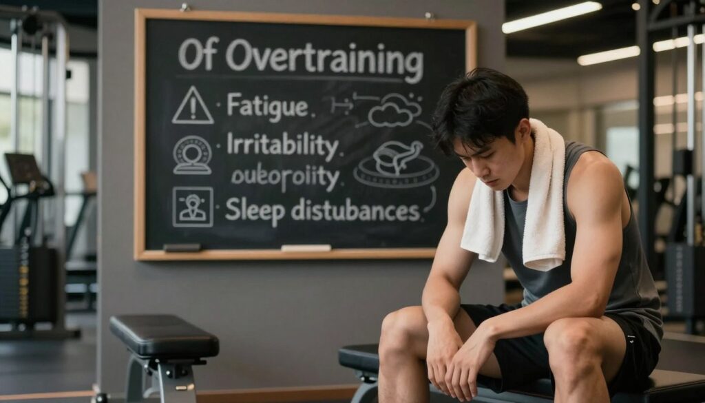 A serene gym setting depicting various warning signs of overtraining. In the foreground, a tired but focused athlete sits on a weighted bench, with a towel around their neck, dressed in modest athletic attire. The middle ground features a chalkboard displaying five recognizable warning signs of overtraining, such as fatigue, irritability, and sleep disturbances, illustrated with simple icons. In the background, dimmed gym equipment and soft lighting create an atmosphere of calm and introspection. The scene is framed using a soft focus lens, emphasizing the athlete’s contemplative expression. Warm tones enhance the sense of urgency and importance, conveying a mood of awareness and self-care.