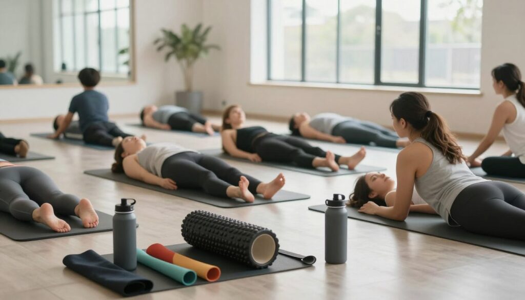 A serene indoor fitness studio, showcasing a variety of recovery strategies for athletic training. In the foreground, a diverse group of individuals in modest athletic wear are engaging in gentle stretching exercises on yoga mats, promoting recovery. The middle of the scene features a table with recovery tools like foam rollers, resistance bands, and hydration bottles. The background includes large windows with soft, natural light streaming in, enhancing the calming atmosphere. The overall mood is peaceful and focused, emphasizing the importance of recovery in a balanced fitness routine. Capture this scene with a soft depth of field, slightly blurring the background to draw attention to the foreground activities, while maintaining clarity on the recovery tools.