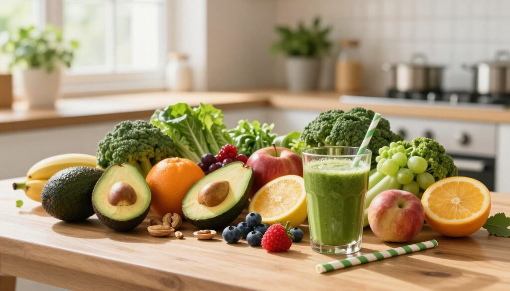 A vibrant display of healthy nutrition choices for energy, featuring an assortment of colorful fresh fruits and vegetables, such as avocados, berries, leafy greens, and nuts, artistically arranged on a wooden table. In the foreground, a clear glass filled with a green smoothie complements the arrangement, with a straw placed next to it. The middle ground showcases a well-lit kitchen environment, with sunlight streaming through a window, enhancing the freshness of the ingredients. In the background, a minimalist décor with potted herbs adds an inviting touch. The focus is on creating a sense of vitality and wellness, with soft, warm lighting to evoke a friendly and energizing atmosphere. The overall composition emphasizes balance, nourishment, and the joy of eating healthily.