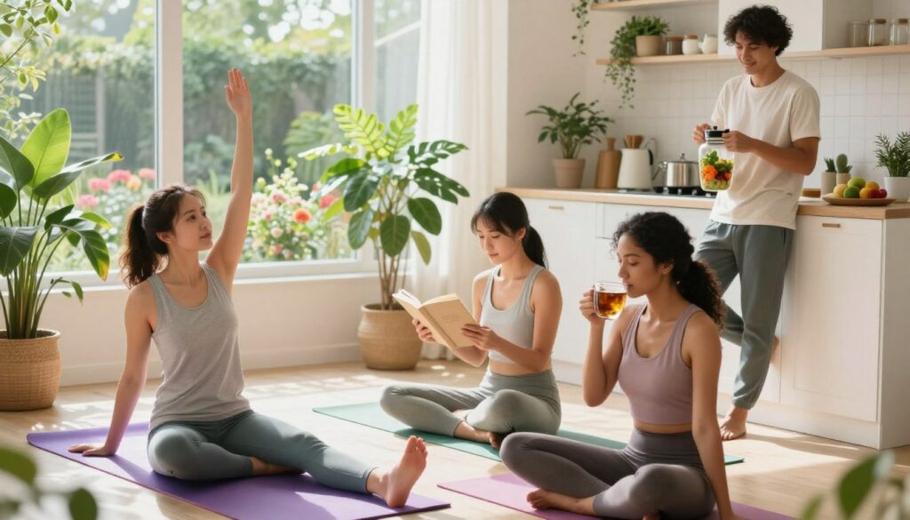 A vibrant, energizing scene depicting a cozy, sunlit home environment, showcasing daily habits that boost energy and reduce stress. In the foreground, a diverse group of three people engaged in uplifting activities: one practicing yoga on a mat, another reading a book while sipping herbal tea, and the third preparing a colorful smoothie in a bright kitchen. In the middle ground, lush indoor plants and a tidy workspace create an inviting atmosphere, while soft beams of natural light filter through large windows. In the background, a peaceful view of a garden with blooming flowers adds to the sense of tranquility. The mood is lively and rejuvenating, emphasizing health and well-being. The image should be bright and colorful, capturing a sense of harmony and motivation, with a focus on wellness-oriented actions.