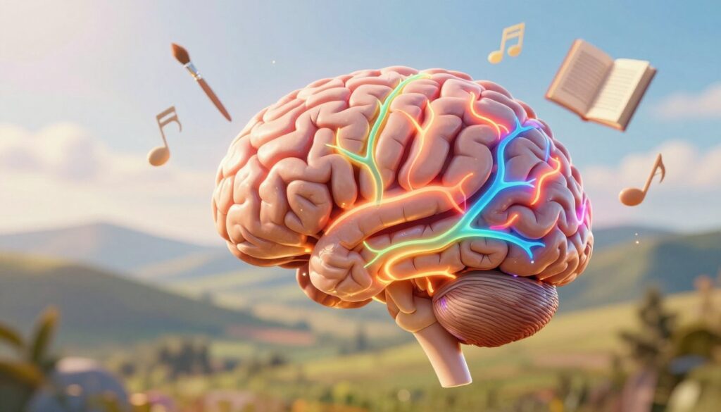 A vibrant, imaginative representation of a human brain at the forefront, symbolizing learning and creativity. The brain is illuminated with colorful neural pathways glowing in various hues, radiating energy. In the middle ground, abstract representations of new skills—like a paintbrush, a musical note, and a book—float around the brain, suggesting growth and exploration. In the background, a soft-focus, serene landscape with rolling hills and a bright sky conveys a sense of tranquility and inspiration. The lighting is warm and hopeful, casting gentle shadows that enhance the brain's intricate details. The overall mood is uplifting and encouraging, inviting the viewer to embrace new experiences and challenge their minds.
