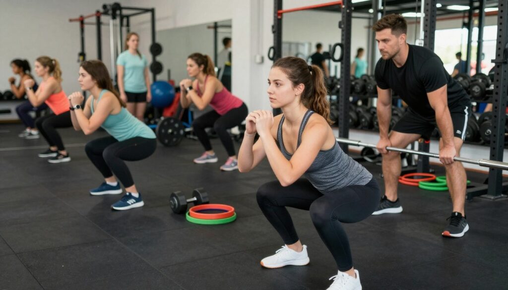 A well-equipped gym setting featuring a diverse group of beginners engaging in essential strength training exercises. In the foreground, a young woman performs a squat with proper form, wearing a fitted athletic top and leggings, while a coach demonstrates a deadlift in the background. The middle ground includes various gym equipment such as dumbbells, barbells, and resistance bands. The lighting is bright and evenly distributed, emphasizing the active atmosphere. Angled from a low perspective, the image captures the determination and focus of the individuals as they learn techniques. A motivational ambiance fills the space, showcasing the supportive environment of a fitness community dedicated to strength training.