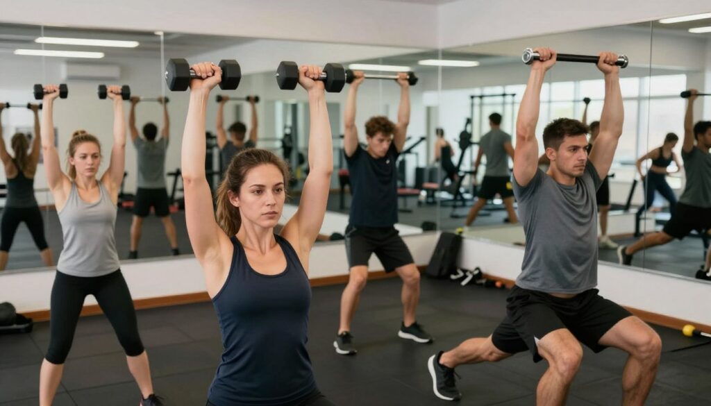 A well-lit indoor gym setting showcasing a diverse group of people engaged in upper body muscle development exercises. In the foreground, a woman in modest athletic wear performs a dumbbell shoulder press, showcasing her focused expression and defined muscles. To her right, a man in a fitted t-shirt demonstrates a resistance band exercise, emphasizing his strong form and balanced posture. In the background, a wall of mirrors reflects other individuals doing various upper body workouts, like push-ups and pull-ups, promoting an atmosphere of teamwork and motivation. The lighting is bright and energizing, giving a sense of vitality. The angle captures both the action and the engaged environment, emphasizing the importance of upper body movements for balanced muscle development.