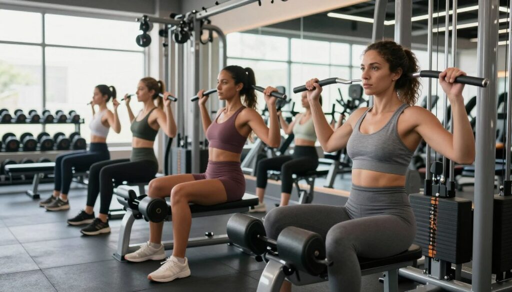 Women engaged in resistance training machines in a modern gym environment. In the foreground, a diverse group of women of varying ethnicities, dressed in comfortable, modest athletic wear, focus intently on their workouts, using machines such as leg presses and lat pulldowns. In the middle ground, other gym equipment like dumbbells and benches are neatly organized. The background features large windows allowing natural light to flood in, creating a bright and motivating atmosphere. The lighting is vibrant yet soft, highlighting the determination on the women's faces. The composition is shot from a low angle, capturing the strength and empowerment of the women as they build their fitness. The overall mood is energetic and inspiring, emphasizing health and strength. Women engaged in resistance training machines in a modern gym environment. In the foreground, a diverse group of women of varying ethnicities, dressed in comfortable, modest athletic wear, focus intently on their workouts, using machines such as leg presses and lat pulldowns. In the middle ground, other gym equipment like dumbbells and benches are neatly organized. The background features large windows allowing natural light to flood in, creating a bright and motivating atmosphere. The lighting is vibrant yet soft, highlighting the determination on the women's faces. The composition is shot from a low angle, capturing the strength and empowerment of the women as they build their fitness. The overall mood is energetic and inspiring, emphasizing health and strength.